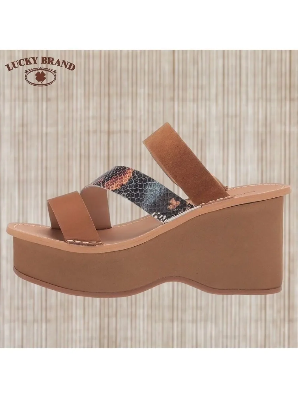 LUCKY BRAND Mimya Leather/Suede/Snake Print Strap Wedge Heeled Sandals/10M NWT